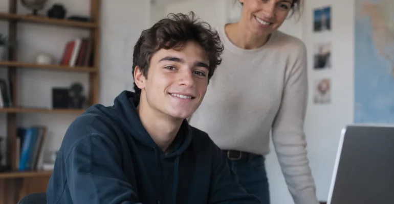 Adolescent souriant devant son ordinateur, sa mère debout derrière lui