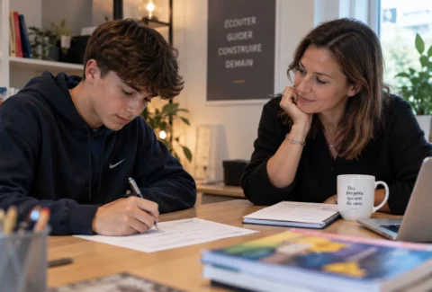 Lycéen remplissant un questionnaire face à une conseillère d’orientation, pendant un bilan d’orientation