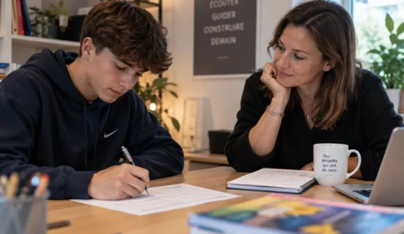 Lycéen remplissant un questionnaire face à une conseillère d’orientation, pendant un bilan d’orientation