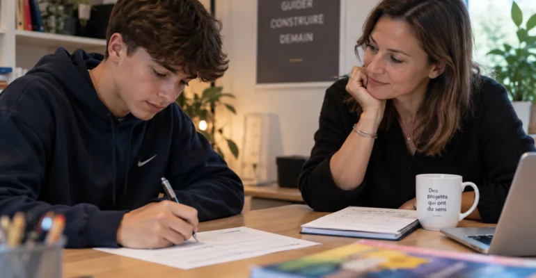 Lycéen remplissant un questionnaire face à une conseillère d’orientation, pendant un bilan d’orientation