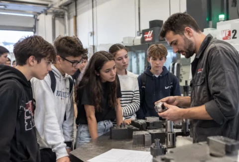 Collégiens écoutant un technicien présenter son métier dans un atelier