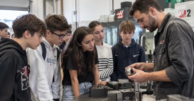 Collégiens écoutant un technicien présenter son métier dans un atelier