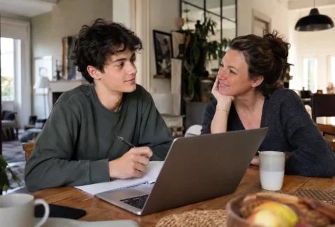 Mère et adolescent discutant de son orientation autour d’un ordinateur