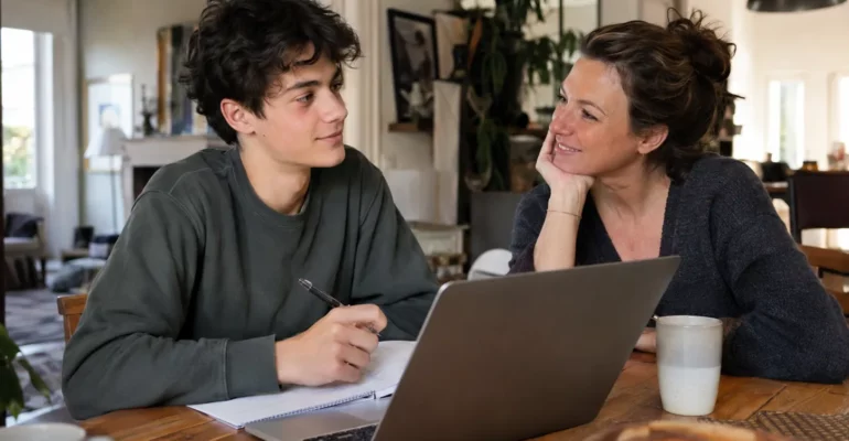 Mère et adolescent discutant de son orientation autour d’un ordinateur