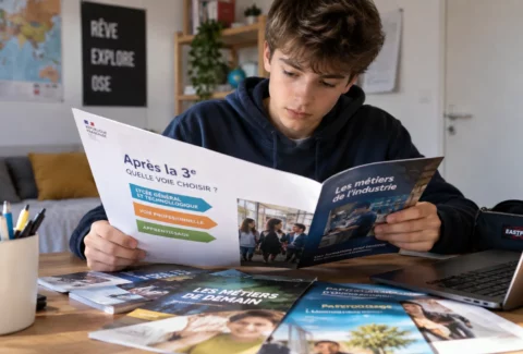 Élève de 3e lisant une brochure sur les voies possibles après la 3e