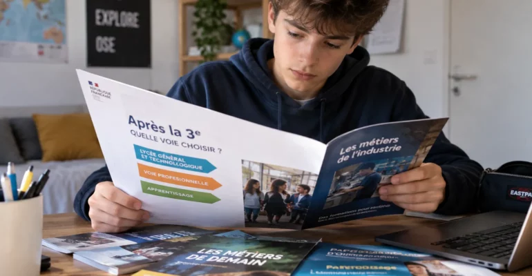 Élève de 3e lisant une brochure sur les voies possibles après la 3e