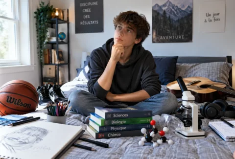 Adolescent pensif dans sa chambre, entouré d’un ballon, d’une guitare, de livres de sciences et de dessins