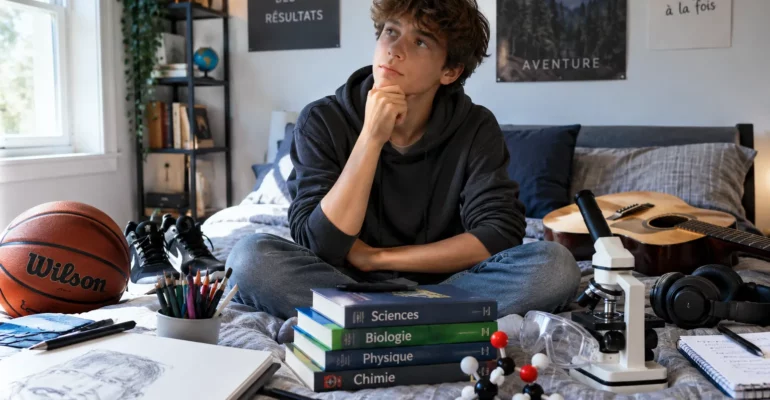 Adolescent pensif dans sa chambre, entouré d’un ballon, d’une guitare, de livres de sciences et de dessins