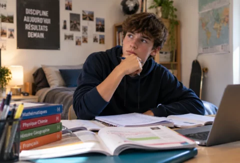 Lycéen réfléchissant devant ses manuels de mathématiques, physique-chimie et histoire-géographie