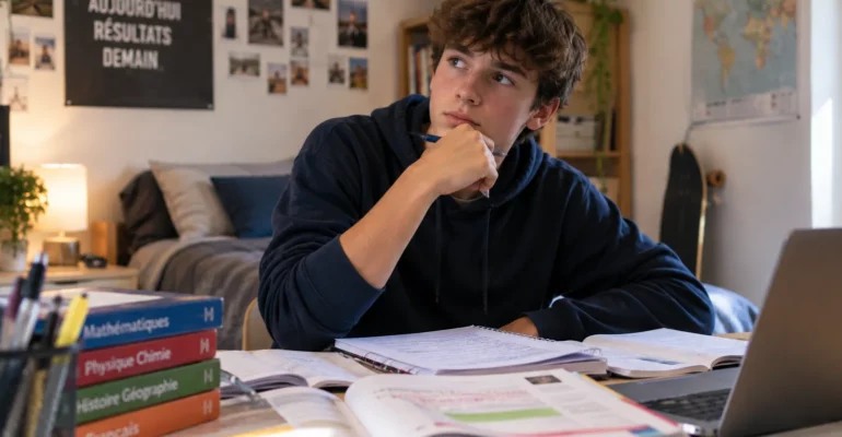 Lycéen réfléchissant devant ses manuels de mathématiques, physique-chimie et histoire-géographie
