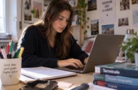 Lycéenne rédigeant sa lettre de motivation Parcoursup sur un ordinateur portable