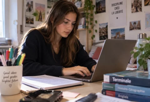 Lycéenne rédigeant sa lettre de motivation Parcoursup sur un ordinateur portable