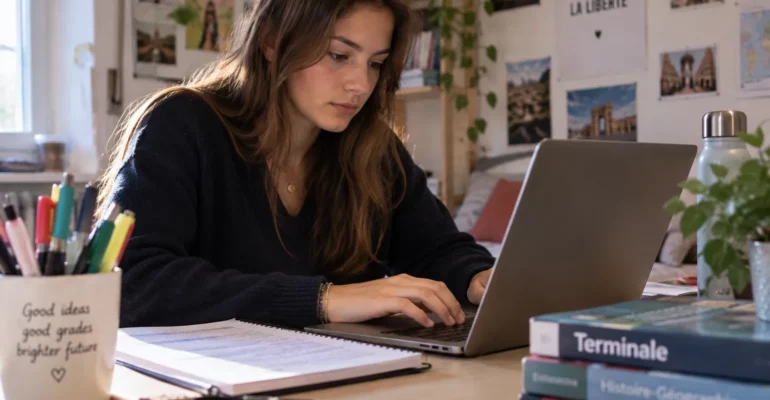 Lycéenne rédigeant sa lettre de motivation Parcoursup sur un ordinateur portable