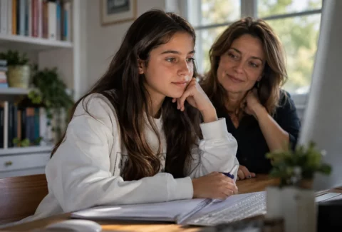 Lycéenne et sa mère devant l’ordinateur pour préparer ses vœux Parcoursup