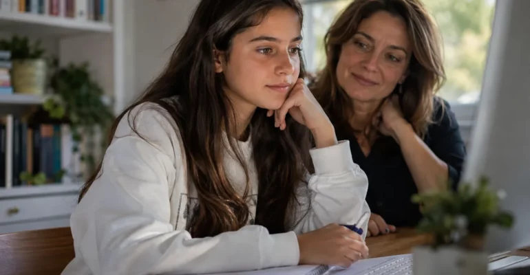 Lycéenne et sa mère devant l’ordinateur pour préparer ses vœux Parcoursup
