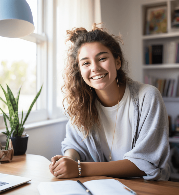 Étudiante souriante assise à son bureau