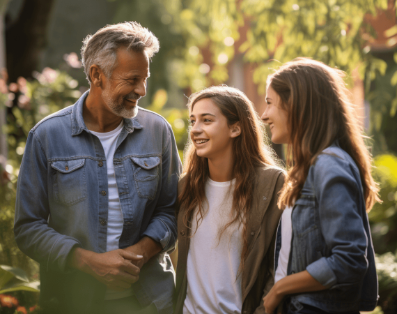 Un père discute avec ses deux filles adolescentes en extérieur
