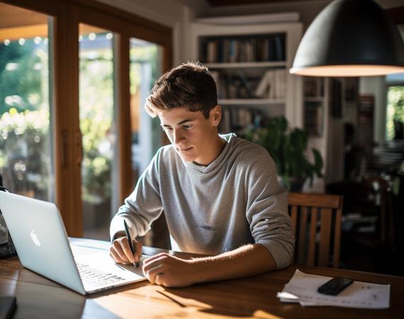 Lycéen prenant des notes devant son ordinateur portable