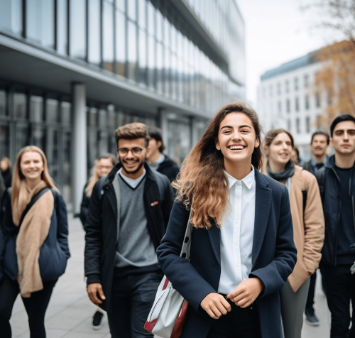 Groupe de jeunes adultes souriants devant un immeuble de bureaux